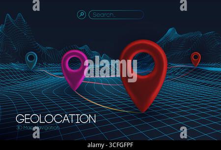 Futuristic 3D geolocation concept with glowing map grid, large colorful location markers, and a search bar on a dark background. Digital navigation Stock Vector