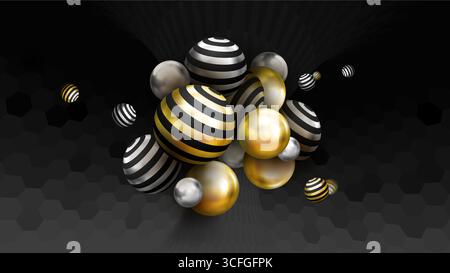Luxury 3D abstract background with floating metallic spheres in gold, black, and silver colors. Striped and reflective balls with a hexagonal dark Stock Vector