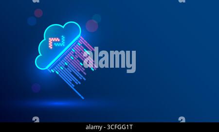Cloud storage of programs and code. Cloud computing of ai coding, programming. The program code drops from the cloud icon in the form of rain. API rep Stock Vector