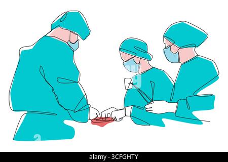 Minimalist line art illustration of a surgical team in operating room . Editable stroke . Vector . Stock Vector