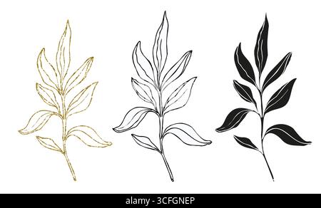 Palm leaves line art, silhouette and glitter simple hand drawn vector illustration set, isolate on white background. Stock Vector