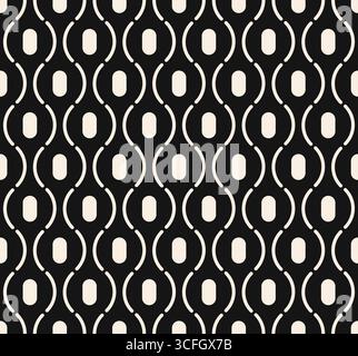 Seamless wavy pattern of lines. White thin line pigtails with dots seamless pattern on black background. Black modern vintage pattern. Vector illustra Stock Vector