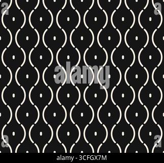 Seamless wavy pattern of lines. White thin line pigtails with dots seamless pattern on black background. Black modern vintage pattern. Vector illustra Stock Vector