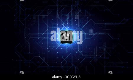 Blue Digital Circuit AI Neuro Chip Glowing Motherboard on Dark Background. Cyber Technology Microchip Board Pattern. Artificial Intelligence Data Stock Vector