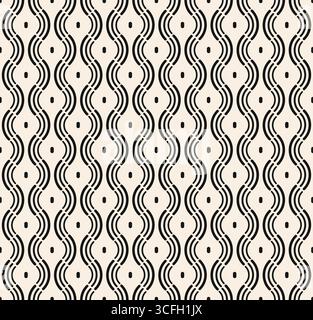 Seamless wavy pattern of lines. Black thin line pigtails white dots seamless pattern on beige background. White modern vintage pattern. Vector illustr Stock Vector