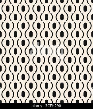 Seamless thin line wavy pattern. Black line pigtails with ovals seamless pattern on beige background. White modern vintage pattern. Vector illustratio Stock Vector