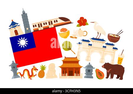 Taiwanese flag surrounded by famous landmarks, traditional food, wildlife, and cultural symbols on a white isolated background, perfect for travel, education, and tourism concepts vector illustration Stock Vector