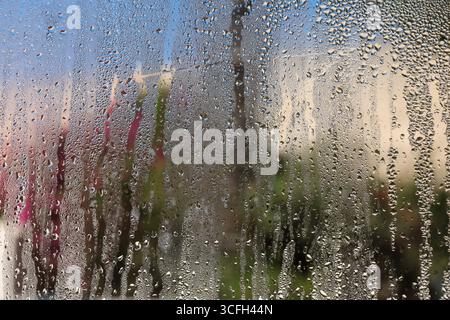 Close-up view of a window covered with water droplets and condensation, creating a natural abstract texture. Stock Photo