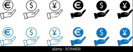 Han holding web money icons pack in checkerboard background. Internet currency signs set for applications. Stock Vector