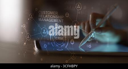 Customer Relationship Management System Visualization with Network Connections and Data Analytics. Stock Photo