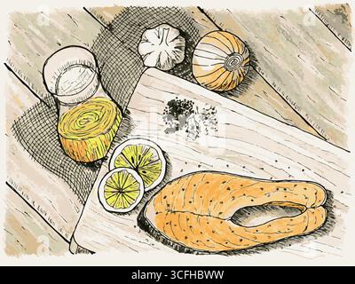 This vibrant vector sketch showcases a fresh salmon fillet seasoned with pepper, surrounded by sliced lemons, a whole onion, garlic, and lemon juice o Stock Vector
