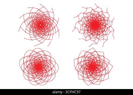 Hand Drawing Circular Insane Tangled Scribble Random Geometric Red Line Art Designs on White Background. Stock Vector