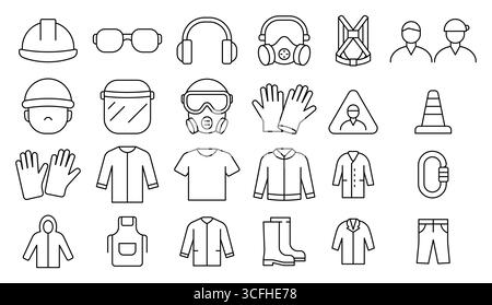 This collection features icons representing various work safety gear essential for construction and industrial environments, highlighting protection a Stock Vector