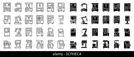 A comprehensive collection of technology icons depicting various machines and devices in black and white. Ideal for digital design and educational res Stock Vector