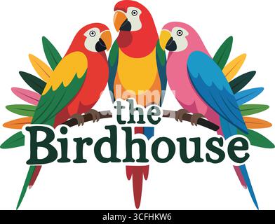 "Colorful Birdhouse with Parrots Illustration" Stock Vector
