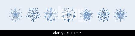 Set of snow flake vector icons. Frozen winter ice crystal. Snowflake hand drawn crayon border. Childish pastel drawing. Pencil handwriting scribbles. Stock Vector