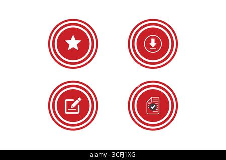Red Circular Icons Representing Download, Star, Edit, and Verified File. Stock Vector