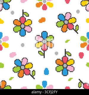 colorful leaves pixel art cute seamless pattern vector Stock Vector