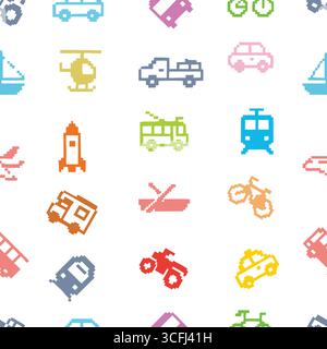 means of transportation pixel art cute colorful seamless background vector Stock Vector