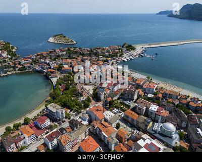 Relaxed coastal town with beaches, an island and a blue bay, aerial view, Amasra, Sesamos, Bartin province, BartIJn, Black Sea, Turkey Stock Photo