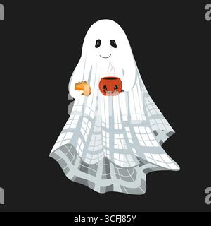 Funny cute sheet ghost with a coffee and pumpkin pie slice. Sheet ghost holding a pumpkin mug. Halloween design element, isolated vector illustration Stock Vector