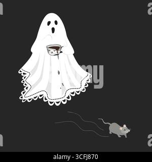A cute scared lace-sheet ghost scared of a running mouse and spilling a coffee on its sheet . Sheet ghost holding a mug with hot chocolate. Halloween Stock Vector