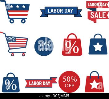 This vibrant illustration features a collection of Labor Day-themed graphics, including shopping carts, sale tags, and promotional banners. Stock Vector