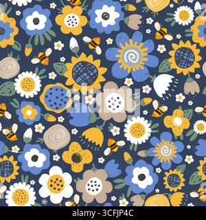 Cute cartoon honey bees, and doodle meadow flower seamless pattern. Vector background illustration Stock Vector
