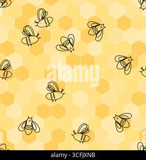 Linear cartoon honey bees on honeycombs seamless pattern. Vector background illustration. Stock Vector