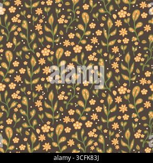 Earthy green gold cute seamless ditsy wild flowers pattern. Vintage boho chic jewel tone floral background. All over floral colorful daisy. Bohemian Stock Vector
