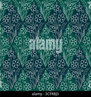 Wild flower seamless pattern in ethnic style. Blue and green floral rhombuses tile. White flowers on dark background. Vector design for wallpaper, hom Stock Vector