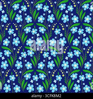 Wild flowers bouquet seamless pattern in folklore style. Light blue flowers on dark blur background. Rhombuses tile. Vector design for wallpaper, home Stock Vector