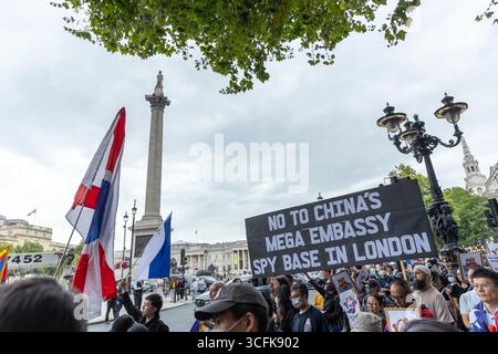 London, UK. 23rd Aug, 2025. Demonstrators marched and rallied in central London today to protest China's plans for a vast new embassy complex in the capital. Campaigners warn the site could serve as an espionage hub, a tool to intimidate dissidents, and a serious threat to UK national security. Credit: Abdullah Bailey/Alamy Live News Stock Photo