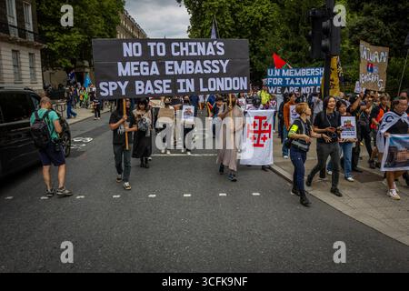 Hong Kongers and members of the Chinese diaspora gathered in Central London to protest against the planned construction of a Chinese Mega Embassy. Demonstrators voiced concerns over Beijing’s influence and raised human rights issues, calling on the UK government to halt the project. Stock Photo
