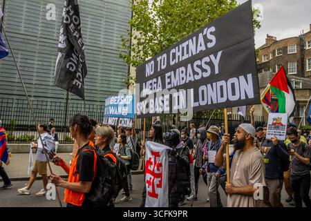 Hong Kongers and members of the Chinese diaspora gathered in Central London to protest against the planned construction of a Chinese Mega Embassy. Demonstrators voiced concerns over Beijing’s influence and raised human rights issues, calling on the UK government to halt the project. Stock Photo