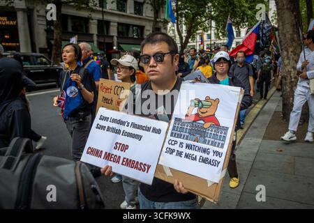 Hong Kongers and members of the Chinese diaspora gathered in Central London to protest against the planned construction of a Chinese Mega Embassy. Demonstrators voiced concerns over Beijing’s influence and raised human rights issues, calling on the UK government to halt the project. Stock Photo