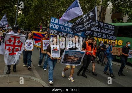 Hong Kongers and members of the Chinese diaspora gathered in Central London to protest against the planned construction of a Chinese Mega Embassy. Demonstrators voiced concerns over Beijing’s influence and raised human rights issues, calling on the UK government to halt the project. Stock Photo