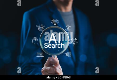 AI Search Engine Technology and Innovation Concept. Businessman holding magnifying glass with AI search text, icons of artificial intelligence, chatbo Stock Photo
