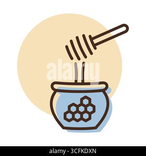 A simple line art icon of a honey pot with a dipper. This illustration is perfect for food, organic, and kitchen-themed designs, symbolizing natural s Stock Vector