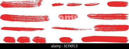 Collection of red acrylic brush strokes with dirty blot stains. Isolated silhouettes in monochrome style, ideal for grunge graffiti, strikethrough Stock Vector