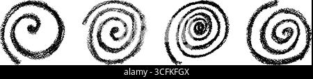 Hand-drawn round swirl set in crayon, chalk, pastel, and wax. Vector doodle concept with liquid splatter style, curvy spin motion, playful squiggle Stock Vector