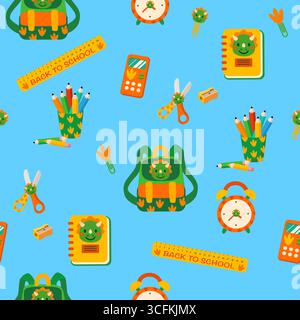 Cute dinosaur school supplies seamless pattern Stock Vector