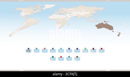 Rectangular Maps of Oceania with Flag Pins. Oceania Map Collection. Vector Illustration. Stock Vector