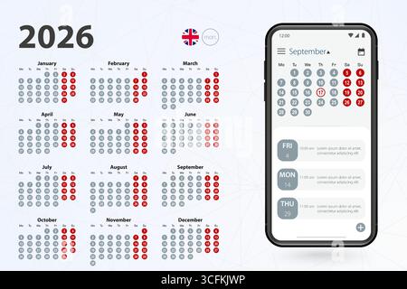 Calendar application for Smartphone. Vector calendar 2026 week starts ...