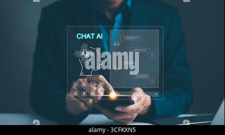 Man touching chatting virtual with an intelligent artificial intelligence asks for the answers he wants. Smart assistant futuristic, Chatbot, Stock Photo