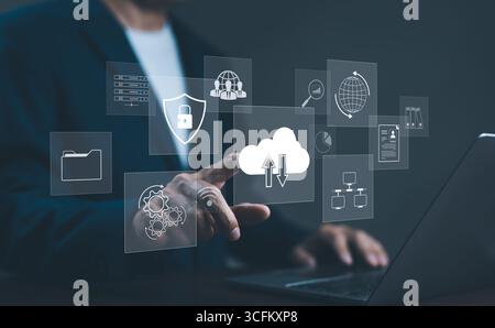 Cloud computing technology concept. Businessman use cloud computing network. download and information upload on application system. data transfer load Stock Photo