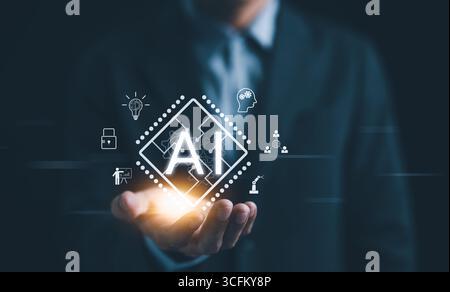 AI tech concept. Businessman holding chip CPU working of AI and artificial intelligence automation. Computer connection with information intelligent Stock Photo
