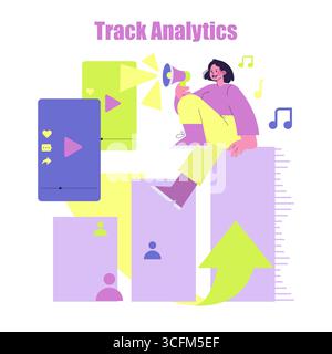 Vector illustration featuring a person with a megaphone analyzing data on charts and social media icons. The image emphasizes analytics, digital media, and trend tracking in a colorful style. Stock Vector