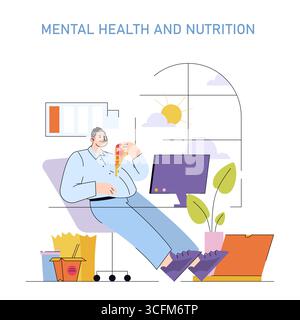Illustration of a relaxed man enjoying pizza at his desk in a casual office setting. The image captures themes of mental health, nutrition, and workplace habits, highlighted by the man's content expression. Stock Vector