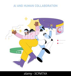 Vector illustration of a human and a robot dancing together, highlighting AI and human collaboration. The scene features joyful expressions and technological elements. Stock Vector